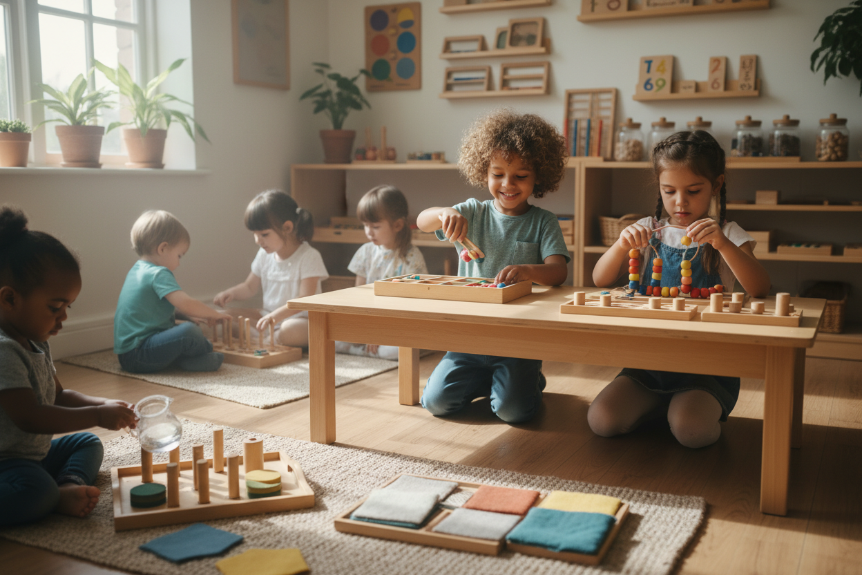 Des enfant jouant avec des jeu d'activité inspiré Montessori